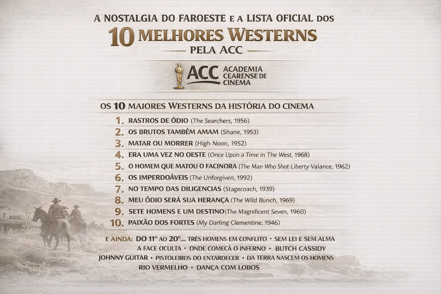 A NOSTALGIA DO FAROESTE E A LISTA OFICIAL DOS 10 MELHORES PELA ACC